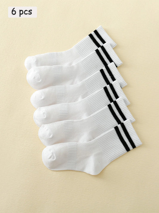 6 Pairs of Children's Mid Length Stockings Set in Pure Black And White With Parallel Bars Popular and versatile Sweat Absorption