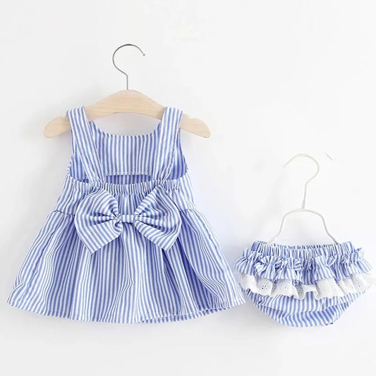 Baby Clothing Sets 2023 Girls Cute Summer Sleeveless Dress Girl 2Pieces Sets Short Pants+Dress Set Stripe Patten for Baby 6-24M