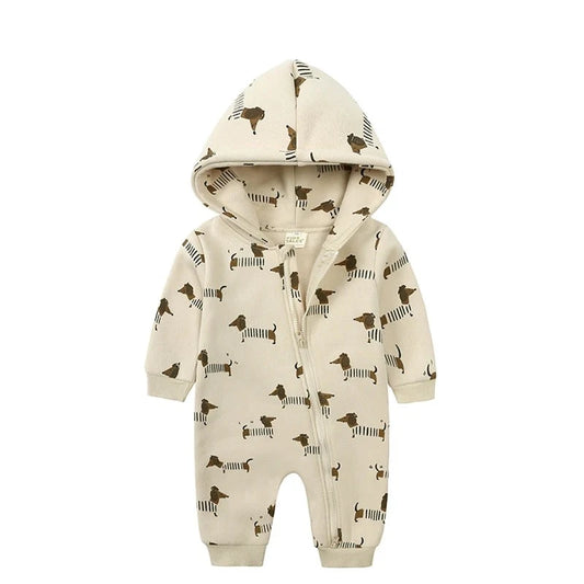 Cartoon Print Baby Girl Romper Long Sleeve Hooded Zipper Newborn Clothes Boys Rompers Spring & Autumn Baby Clothing 3-24 Months