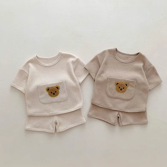 MILANCEL 2023 Summer Baby Clothing Set Waffle Bear Te and Shorts 2 Pcs Suits Baby Girls Clothes Set